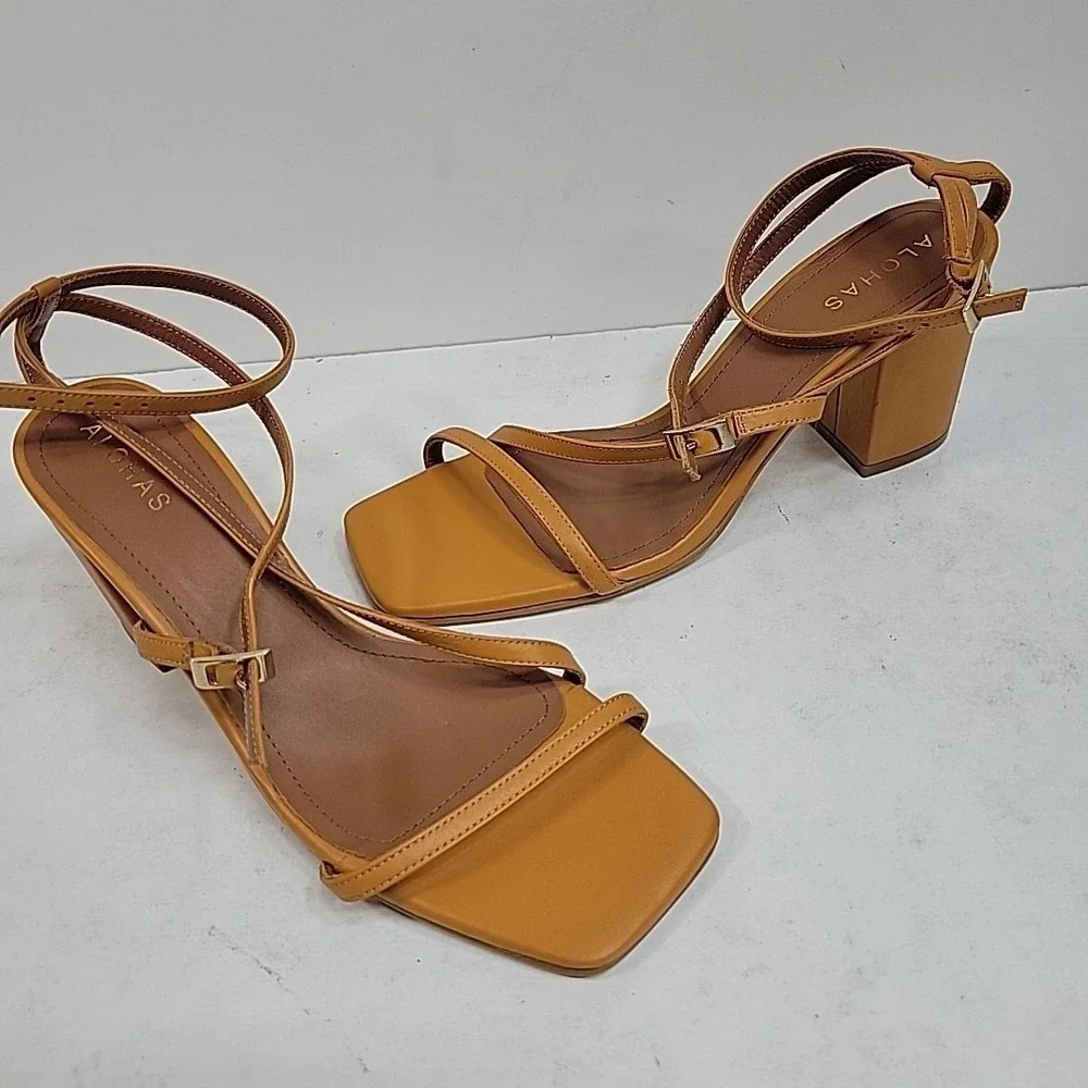 Alohas Women's Mustard Yellow Strappy Block Heel Sandals Sz 8.5 Spain